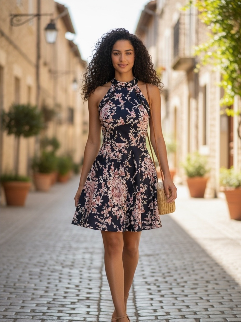 B Darlin Navy Halter Floral Mini Dress with Pink Blossoms